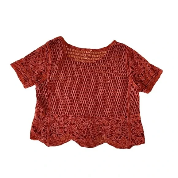 Ultra Pink Womens Crochet Top L Orange Open Knit Layering Boho Festival Cottage - Picture 4 of 9